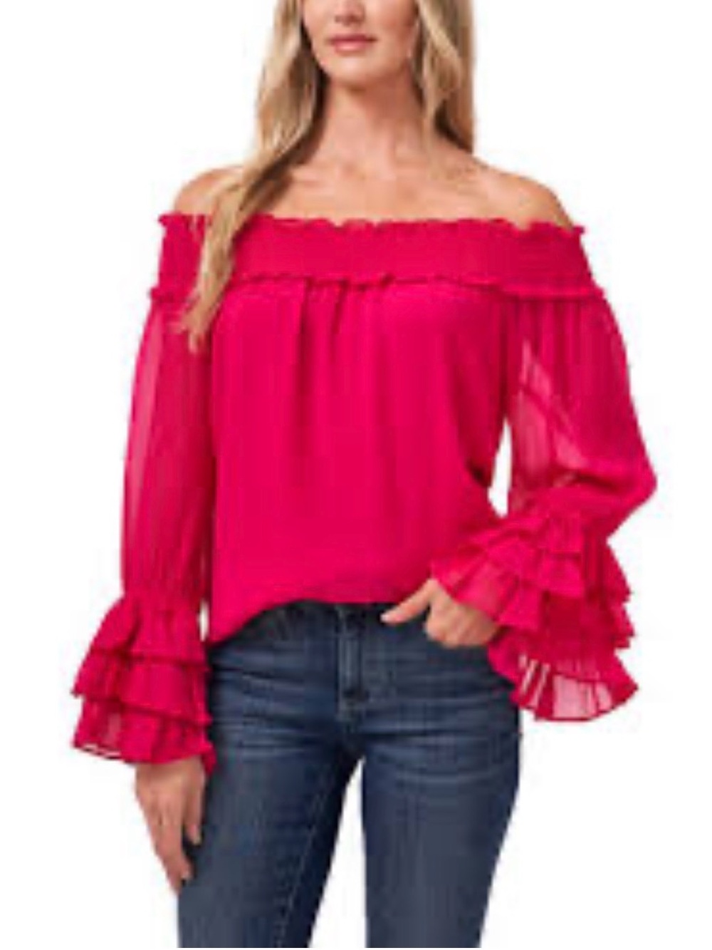 CeCe Off-the-Shoulder Smocked Tiered Ruffle Sleeve Blouse Pink Size XS
